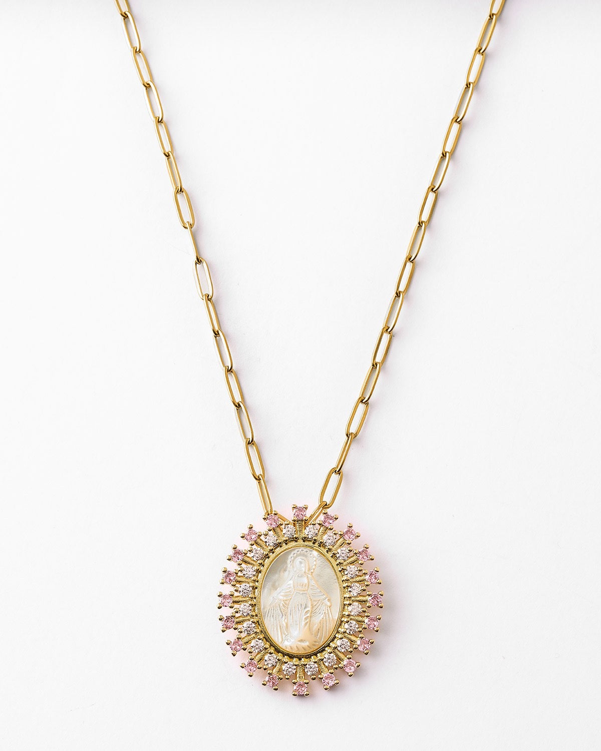 Collar medalla virgen María nácar con circonitas