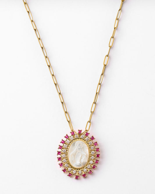Collar medalla virgen María nácar con circonitas