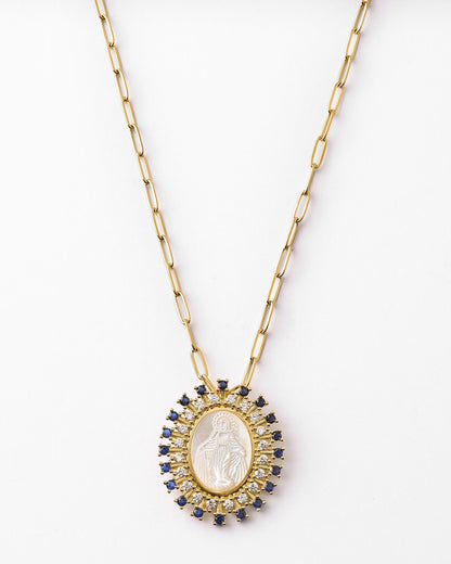 Collar medalla virgen María nácar con circonitas