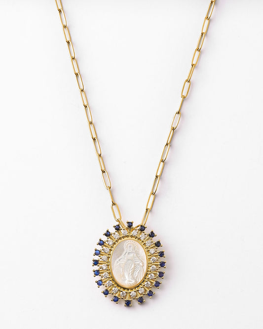 Collar medalla virgen María nácar con circonitas
