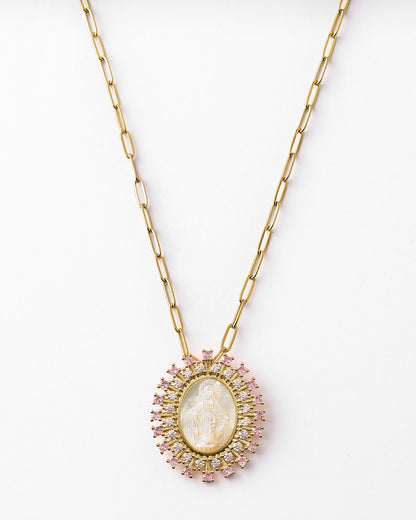 Collar medalla virgen María nácar con circonitas