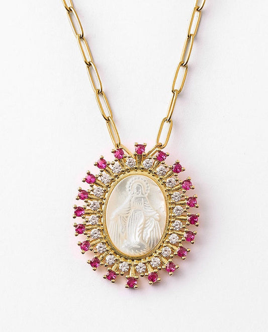 Collar medalla virgen María nácar con circonitas