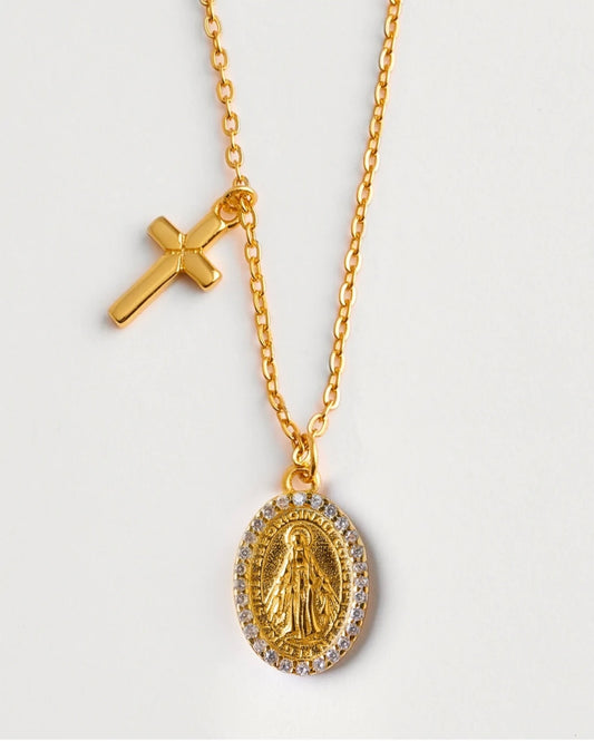 Collar virgen milagrosa y cruz
