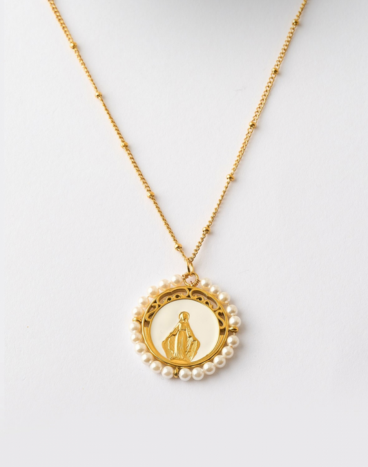 COLLAR MEDALLA VIRGEN DE LA MILAGROSA PERLA BLANCA