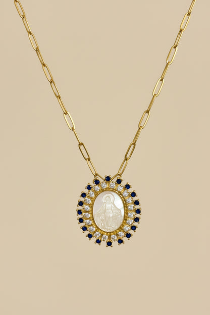 Collar medalla virgen María nácar con circonitas